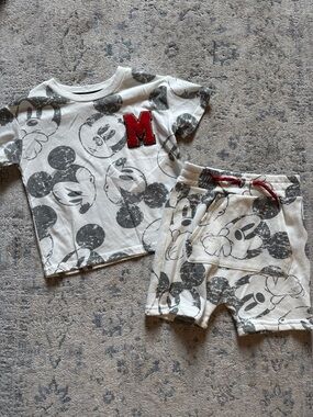Kids Mickey Mouse White and Gray Matching Tee & Shorts Set with Red Accent